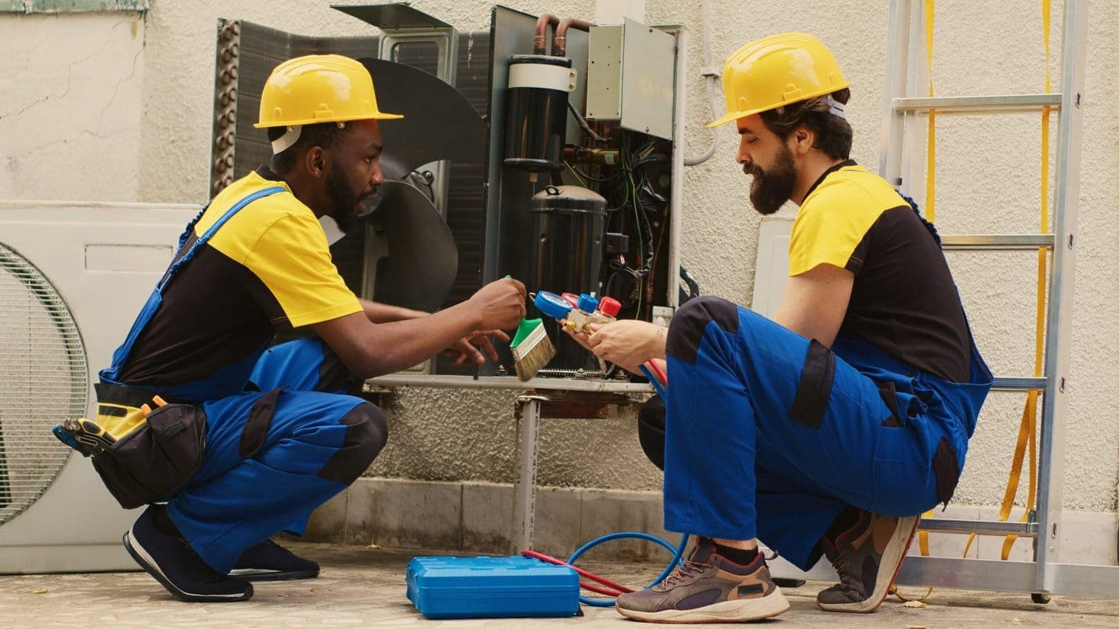 Dos técnicos de HVAC dando servicio a una unidad exterior de aire acondicionado